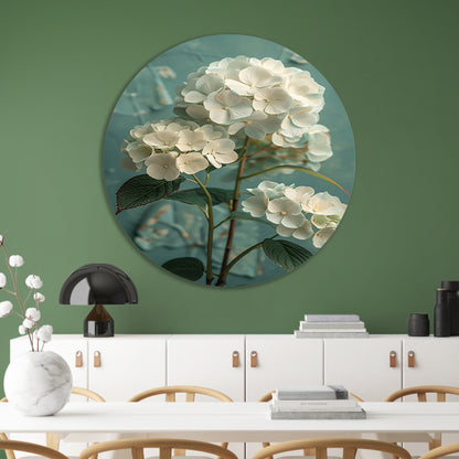 Witte Hortensia Bloemen in Turquoise Vaas forex muurcirkel