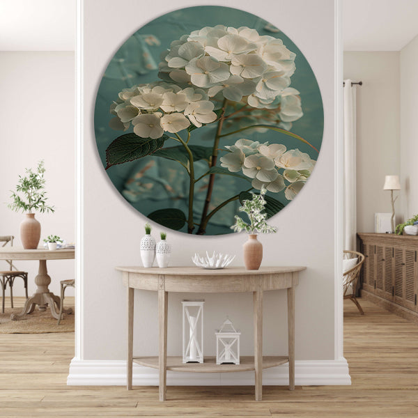 Witte Hortensia Bloemen in Turquoise Vaas forex muurcirkel