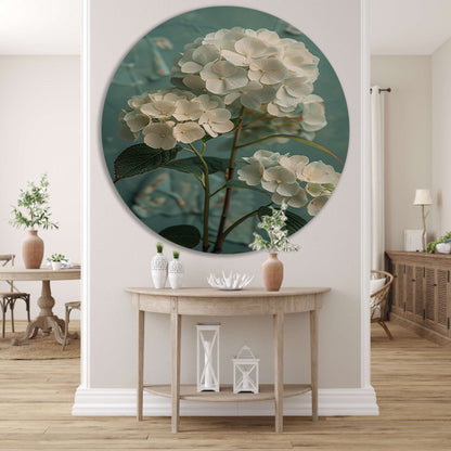 Witte Hortensia Bloemen in Turquoise Vaas forex muurcirkel