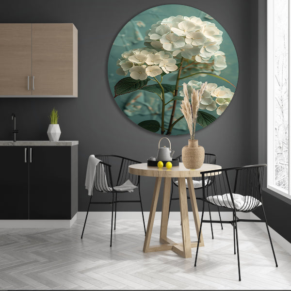 Witte Hortensia Bloemen in Turquoise Vaas forex muurcirkel
