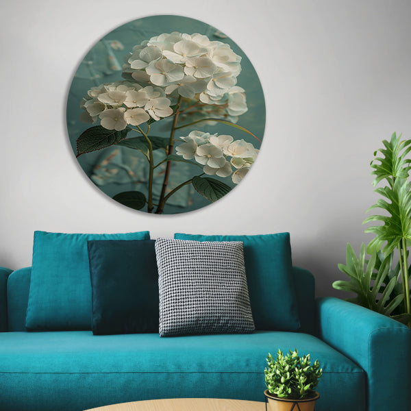 Witte Hortensia Bloemen in Turquoise Vaas forex muurcirkel