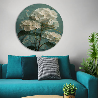 Witte Hortensia Bloemen in Turquoise Vaas forex muurcirkel