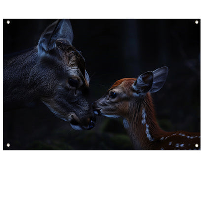 Intiem moment tussen hert en kalf tuinposter