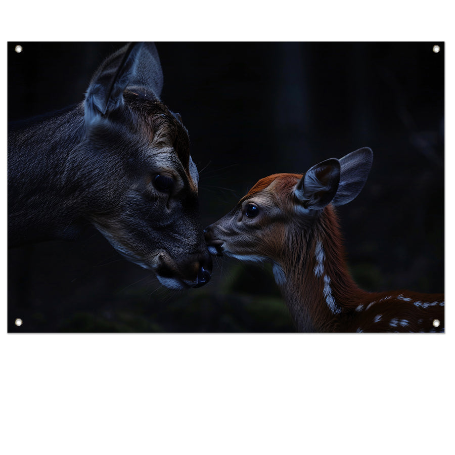Intiem moment tussen hert en kalf tuinposter