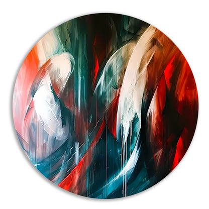 Dynamisch abstract schilderij met levendige kleuren aluminium muurcirkel