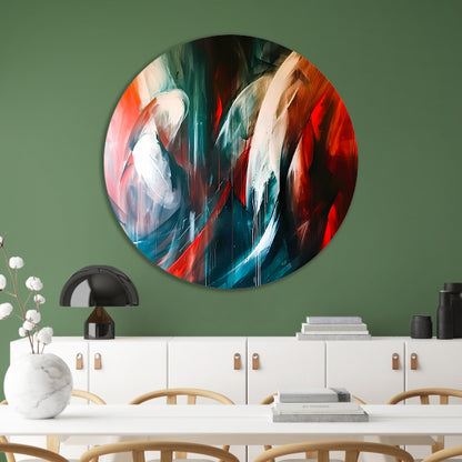 Dynamisch abstract schilderij met levendige kleuren aluminium muurcirkel