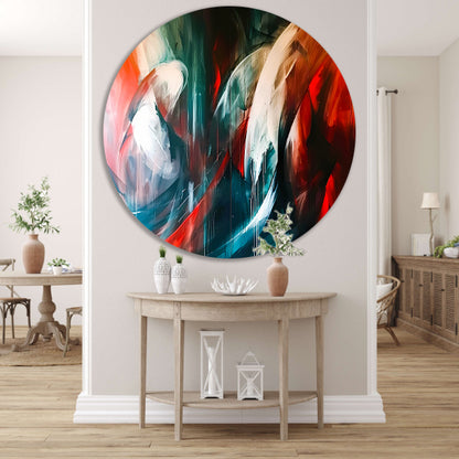 Dynamisch abstract schilderij met levendige kleuren aluminium muurcirkel