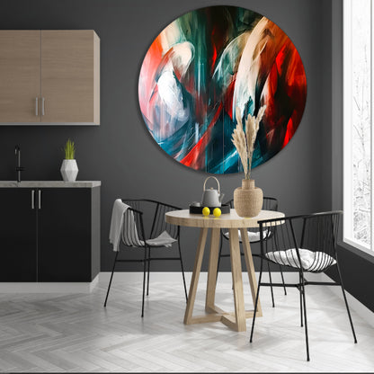 Dynamisch abstract schilderij met levendige kleuren aluminium muurcirkel