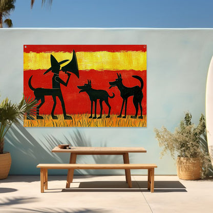 Man met honden in silhouetkunst   tuinposter