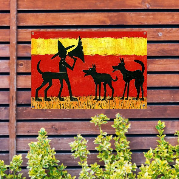 Man met honden in silhouetkunst   tuinposter