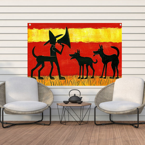 Man met honden in silhouetkunst   tuinposter