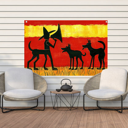 Man met honden in silhouetkunst   tuinposter