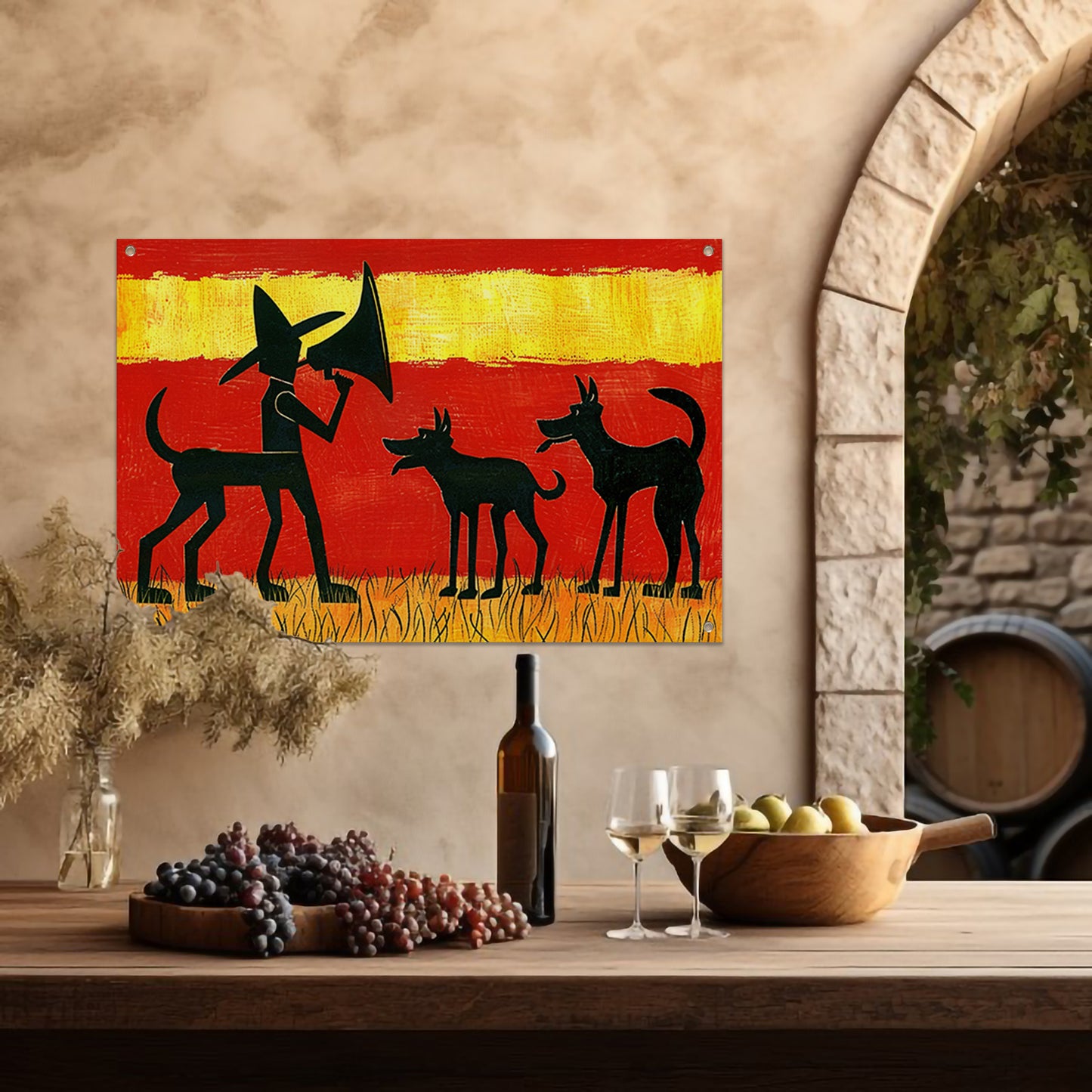 Man met honden in silhouetkunst   tuinposter
