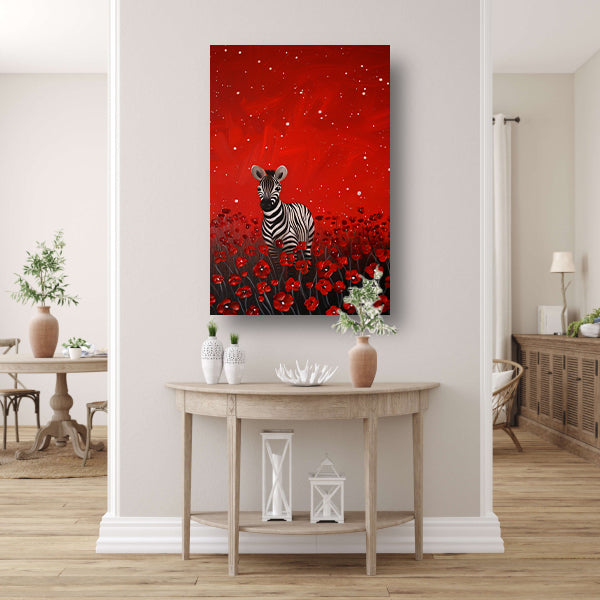 Surrealistisch schilderij van zebra in bloemenveld poster