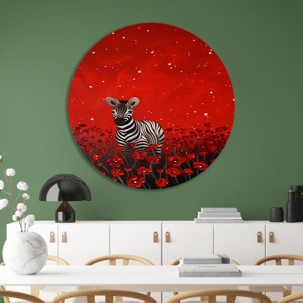 Surrealistisch schilderij van zebra in bloemenveld aluminium muurcirkel
