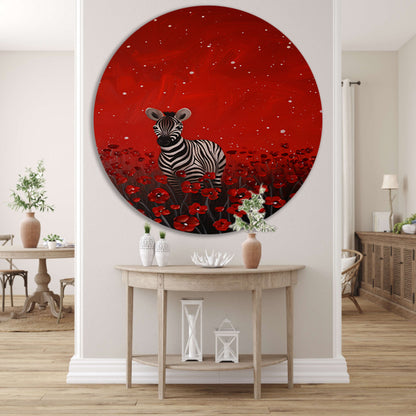 Surrealistisch schilderij van zebra in bloemenveld aluminium muurcirkel