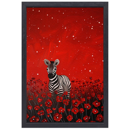 Surrealistisch schilderij van zebra in bloemenveld canvas met baklijst