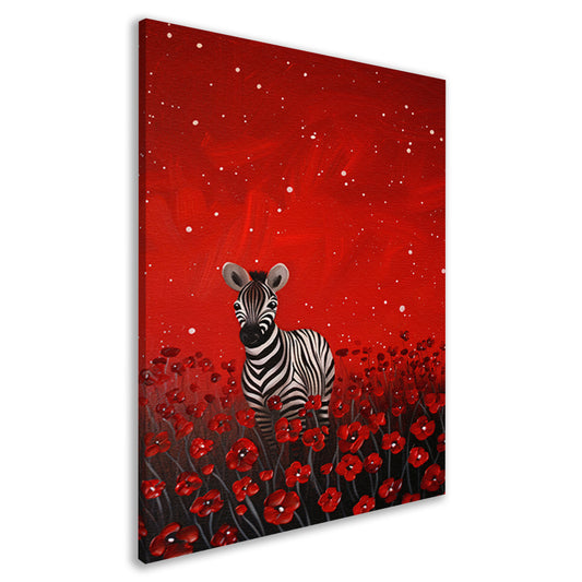 Surrealistisch schilderij van zebra in bloemenveld canvas