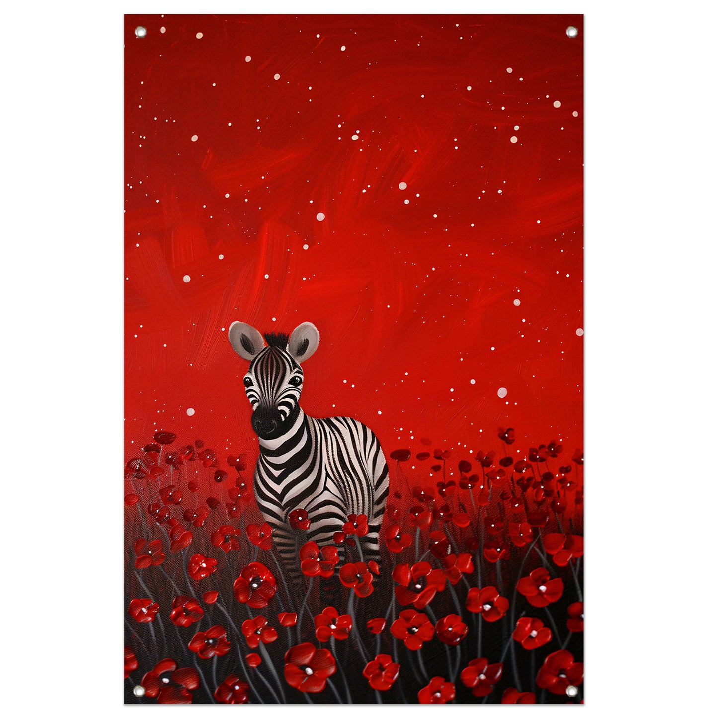 Surrealistisch schilderij van zebra in bloemenveld tuinposter