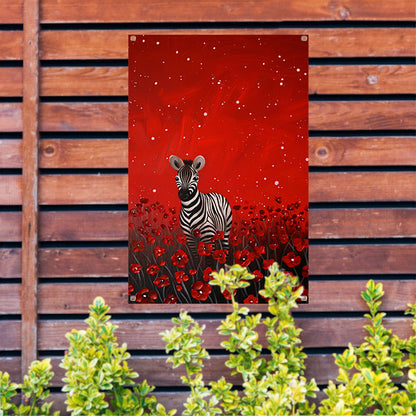 Surrealistisch schilderij van zebra in bloemenveld tuinposter