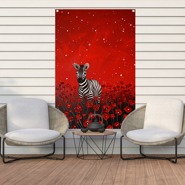 Surrealistisch schilderij van zebra in bloemenveld tuinposter