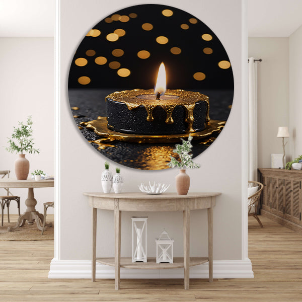 Elegante Zwarte Kaars met Gouden Glitters aluminium muurcirkel
