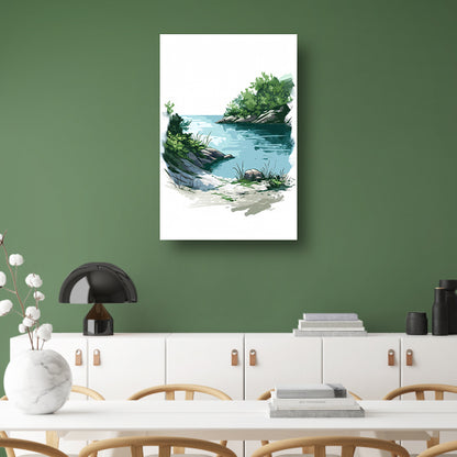 Schilderij van een rustige oever met veel groen canvas