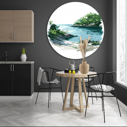 Schilderij van een rustige oever met veel groen aluminium muurcirkel