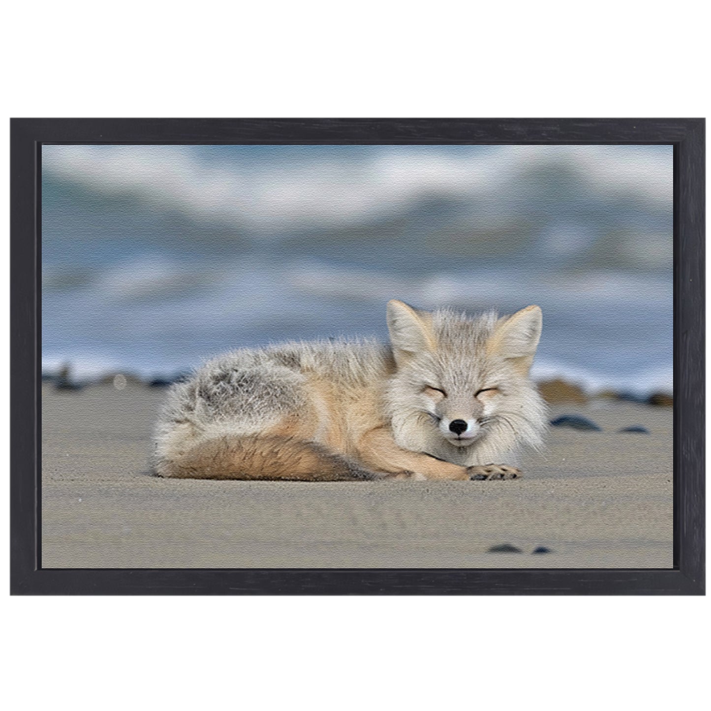 Realistische afbeelding van een vos op het strand canvas met baklijst