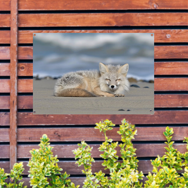 Realistische afbeelding van een vos op het strand tuinposter