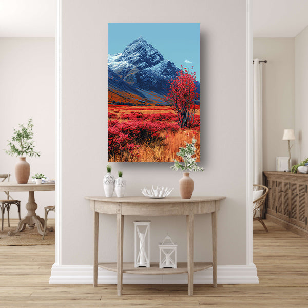 Herfstlandschap met Rode Boom en Sneeuwberg poster