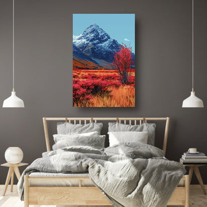Herfstlandschap met Rode Boom en Sneeuwberg poster