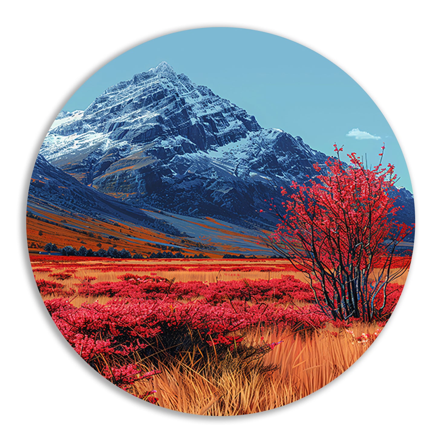 Herfstlandschap met Rode Boom en Sneeuwberg forex muurcirkel