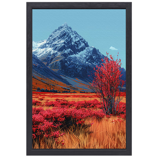 Herfstlandschap met Rode Boom en Sneeuwberg canvas met baklijst