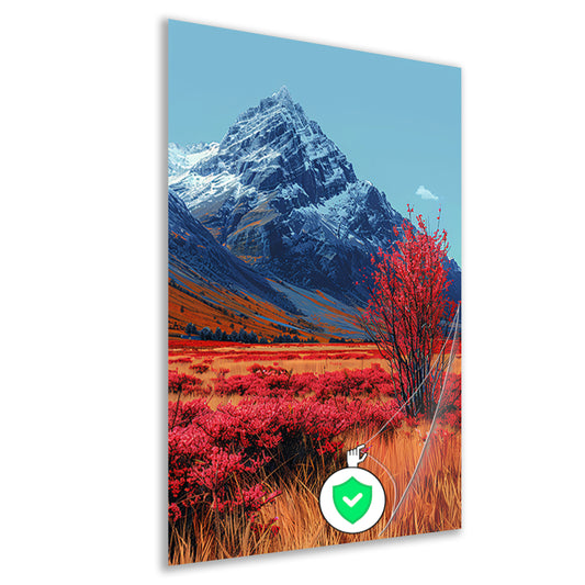 Herfstlandschap met Rode Boom en Sneeuwberg poster