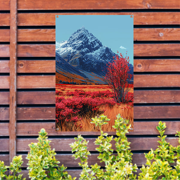 Herfstlandschap met Rode Boom en Sneeuwberg tuinposter