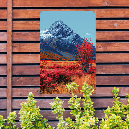 Herfstlandschap met Rode Boom en Sneeuwberg tuinposter