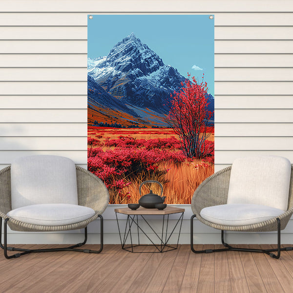 Herfstlandschap met Rode Boom en Sneeuwberg tuinposter