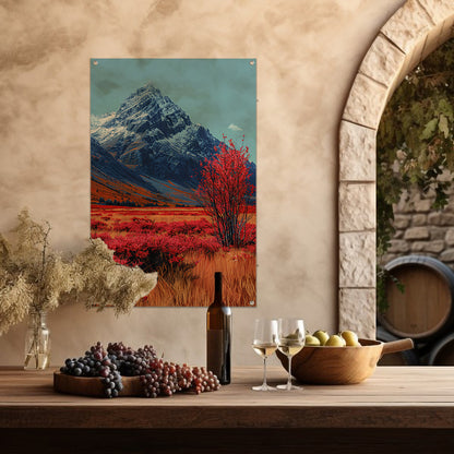 Herfstlandschap met Rode Boom en Sneeuwberg tuinposter