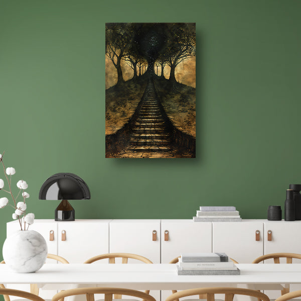 Mystieke trap door betoverd bos canvas met baklijst