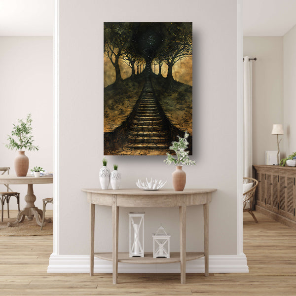 Mystieke trap door betoverd bos canvas met baklijst