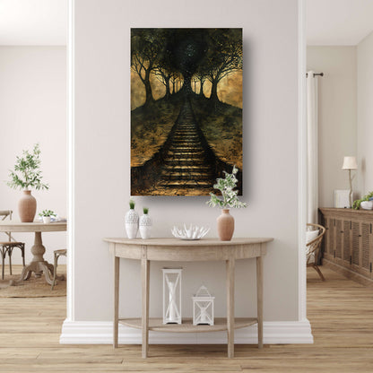 Mystieke trap door betoverd bos canvas met baklijst