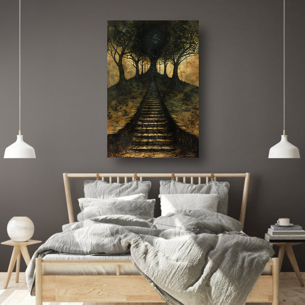 Mystieke trap door betoverd bos canvas met baklijst