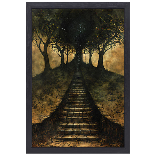 Mystieke trap door betoverd bos canvas met baklijst