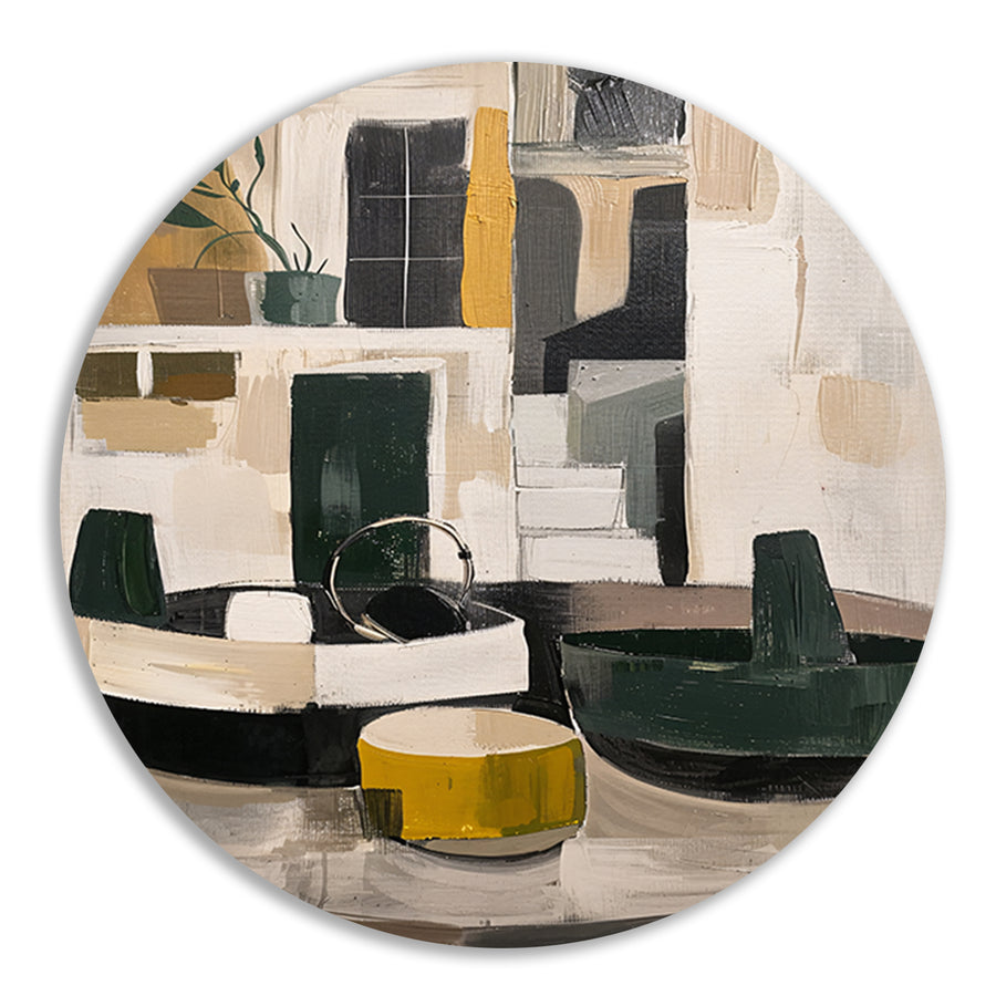 Abstract compositie met vaas en plant aluminium muurcirkel