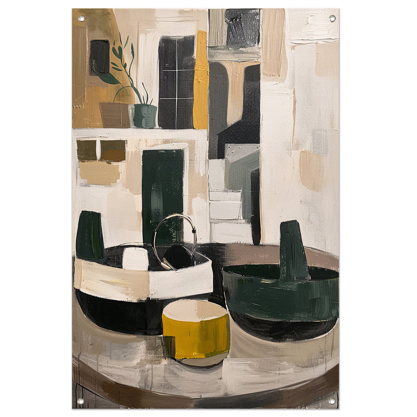 Abstract compositie met vaas en plant tuinposter