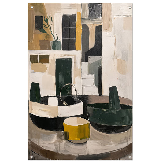 Abstract compositie met vaas en plant tuinposter