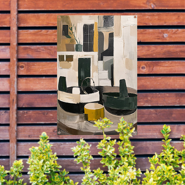 Abstract compositie met vaas en plant tuinposter