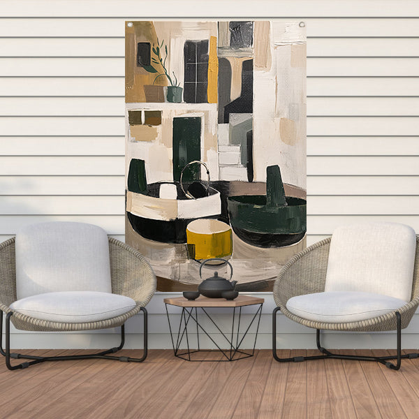 Abstract compositie met vaas en plant tuinposter