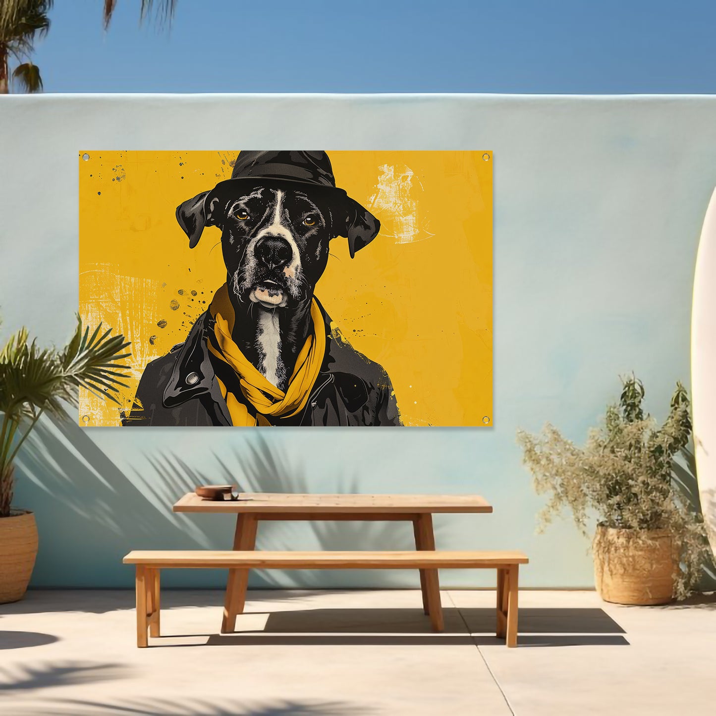 Stijlvolle hond met hoed en sjaal tuinposter
